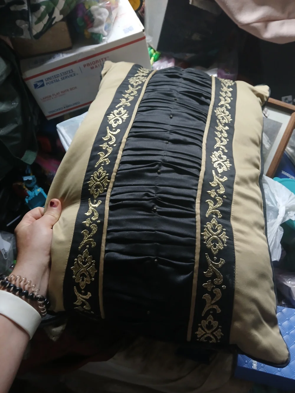 Reba Bolero boudoir throw pillow Black pleated center Gold Ornate Border